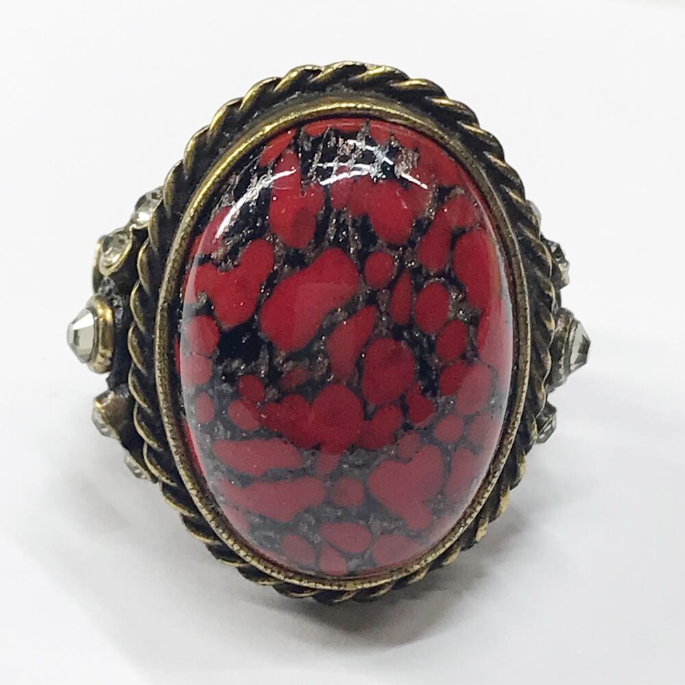 Ollipop USA Vintage Cocktail Chunky Large Ring Adjustable Red Black Stone Brass - Picture 13 of 15